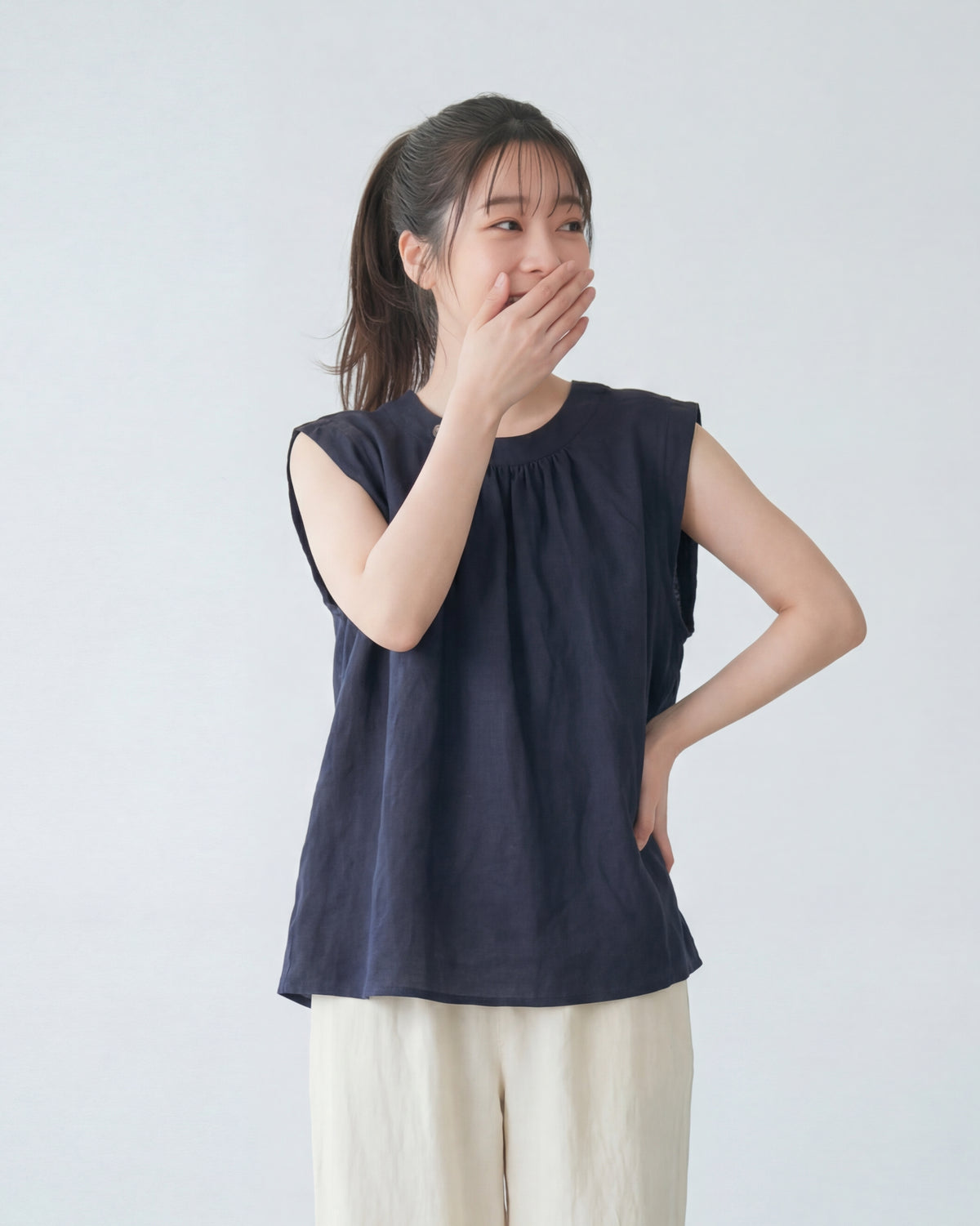 立体プリーツ クルーネック ノースリーブ ゆったりTシャツ-ダークブルー-4XL