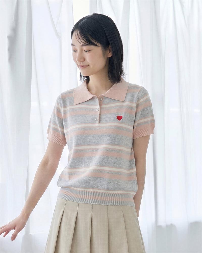 ピンクボーダー 襟付き ハートニット