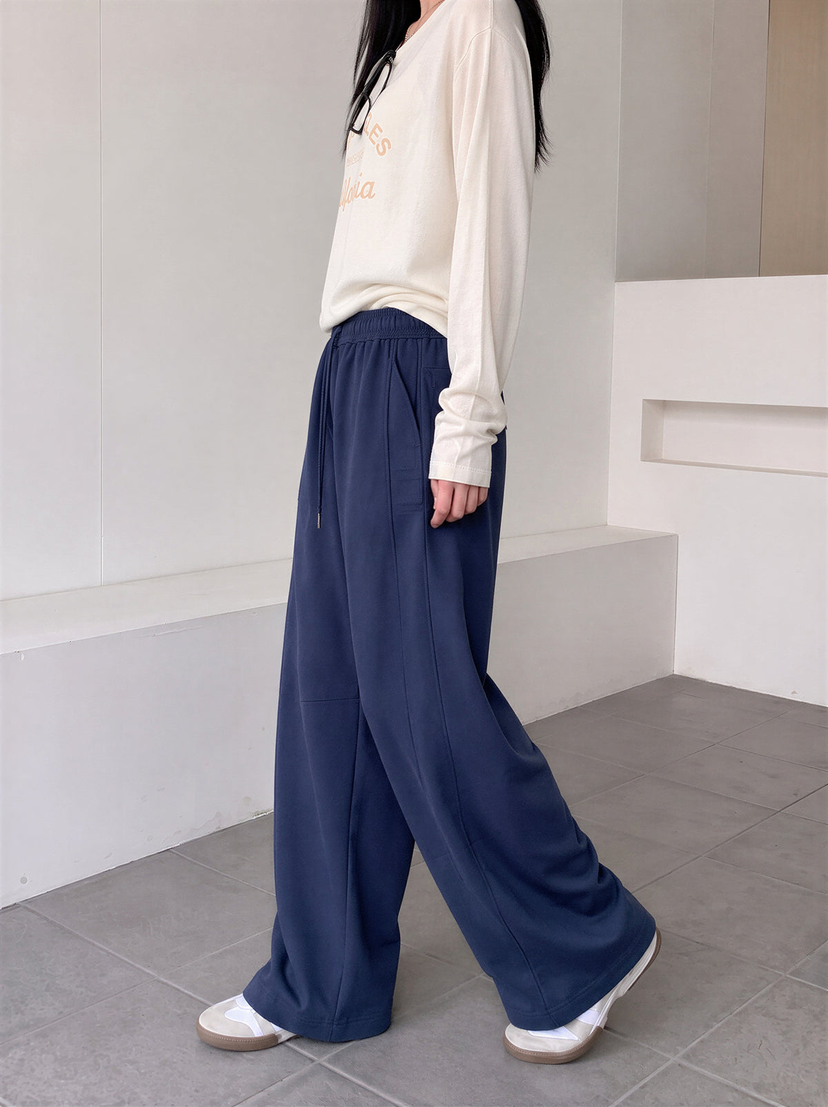 【全4色】M~XL ハイウエスト ドローストリング 裾だまりワイドパンツ