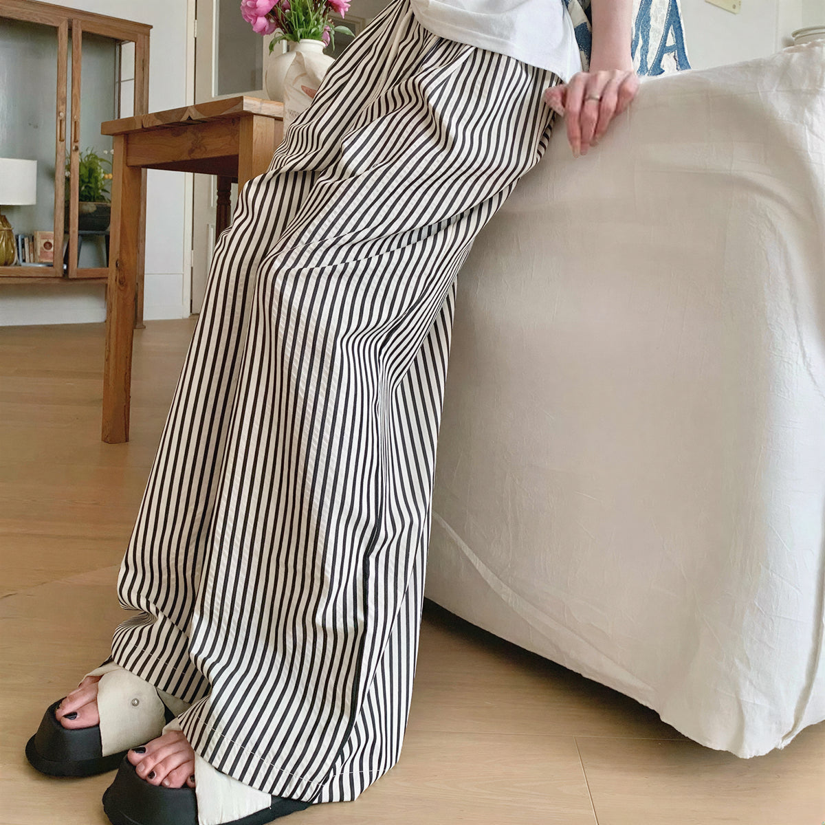 縦ストライプ ドローストリング ワイドパンツ