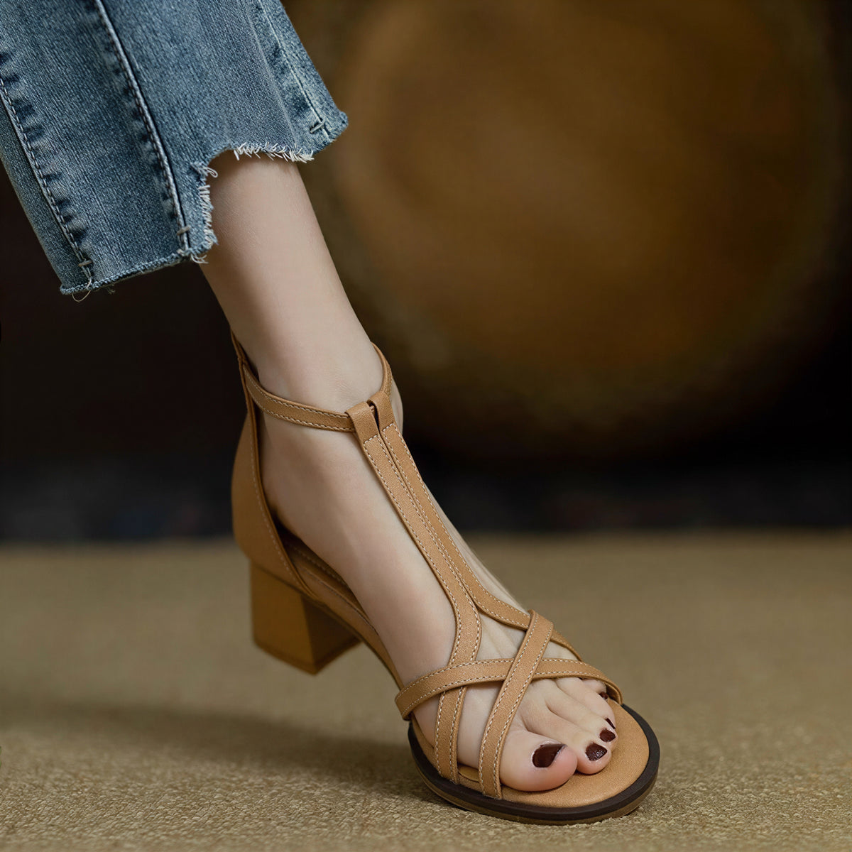 【5cm ヒール】クロス細ストラップ スクエアブロックヒール ワンストラップ オープントゥサンダル