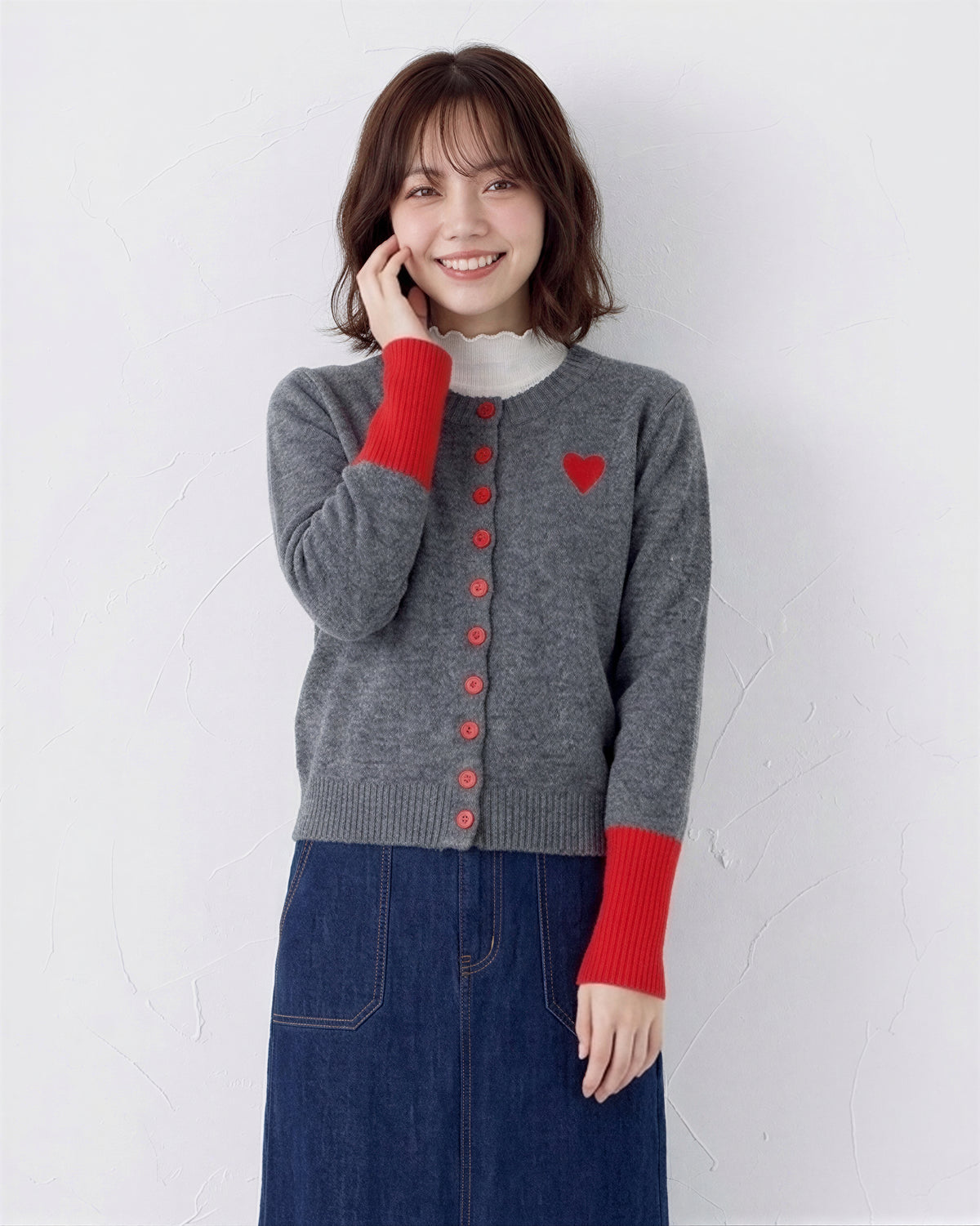 配色リブ ハート刺繍 ニットカーディガン