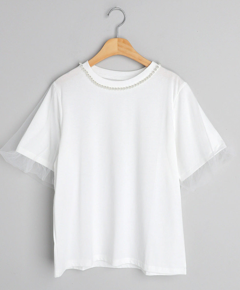 パール風襟飾り チュールフリルスリーブ ゆったり半袖Tシャツ