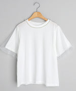 パール風襟飾り チュールフリルスリーブ ゆったり半袖Tシャツ