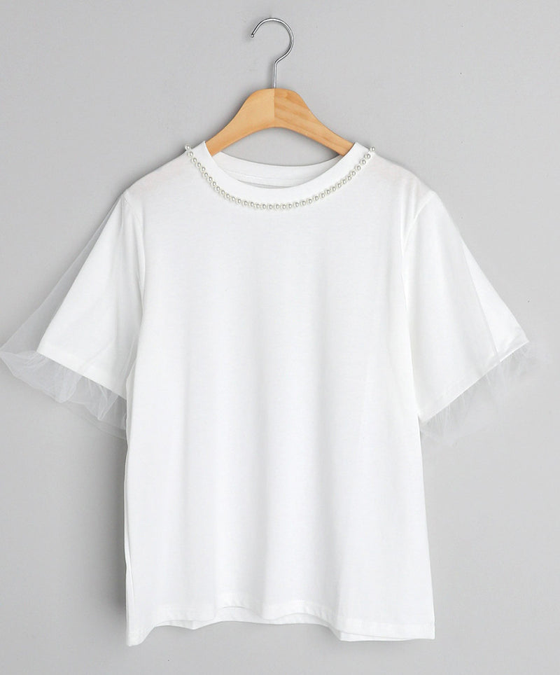 パール風襟飾り チュールフリルスリーブ ゆったり半袖Tシャツ