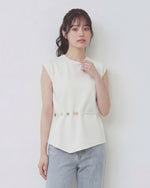 ショルダーパッド入り ノースリーブ ウエストシェイプボタン アシンメトリーヘムTシャツ