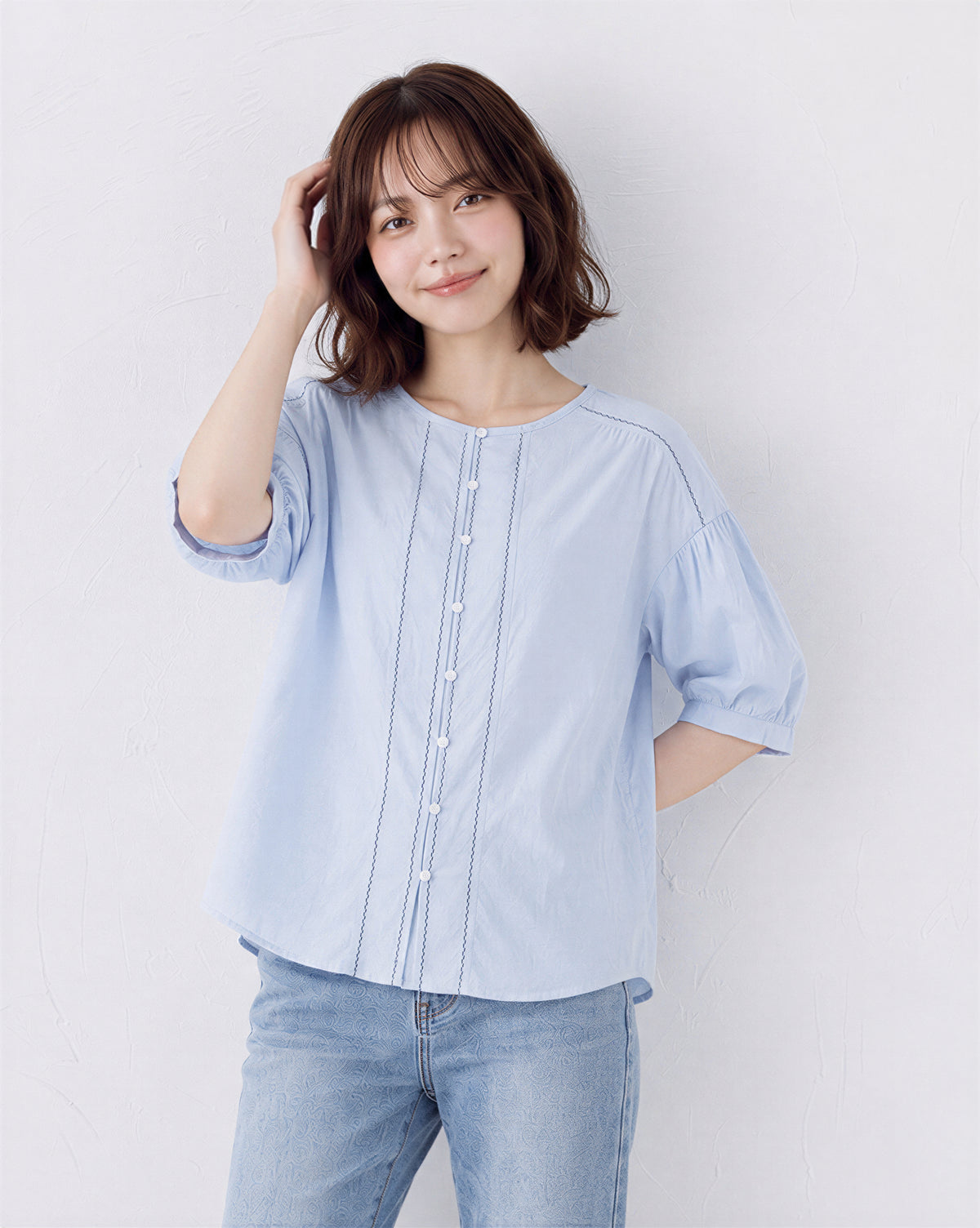 ライトブルー プリーツ パフスリーブブラウス-サックス-2XL