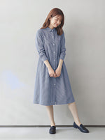 【秋新作】【全2色】M~2XL ゆったりAライン 立体カッティング シャツワンピース