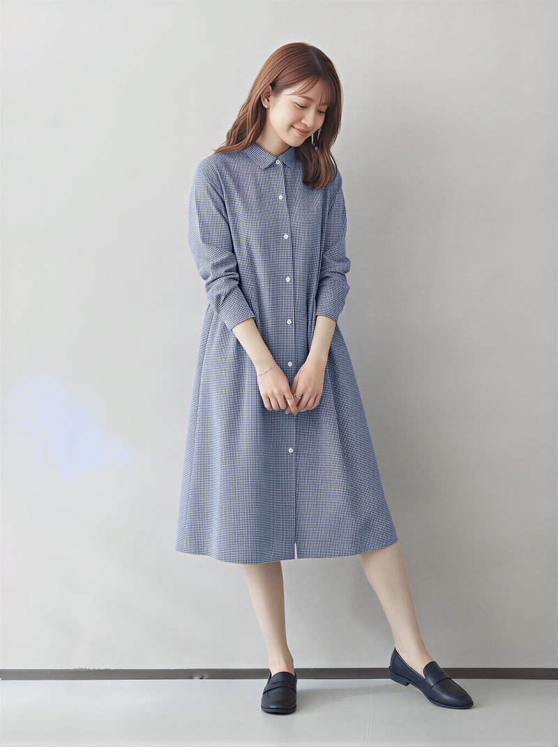 【秋新作】【全2色】M~2XL ゆったりAライン 立体カッティング シャツワンピース