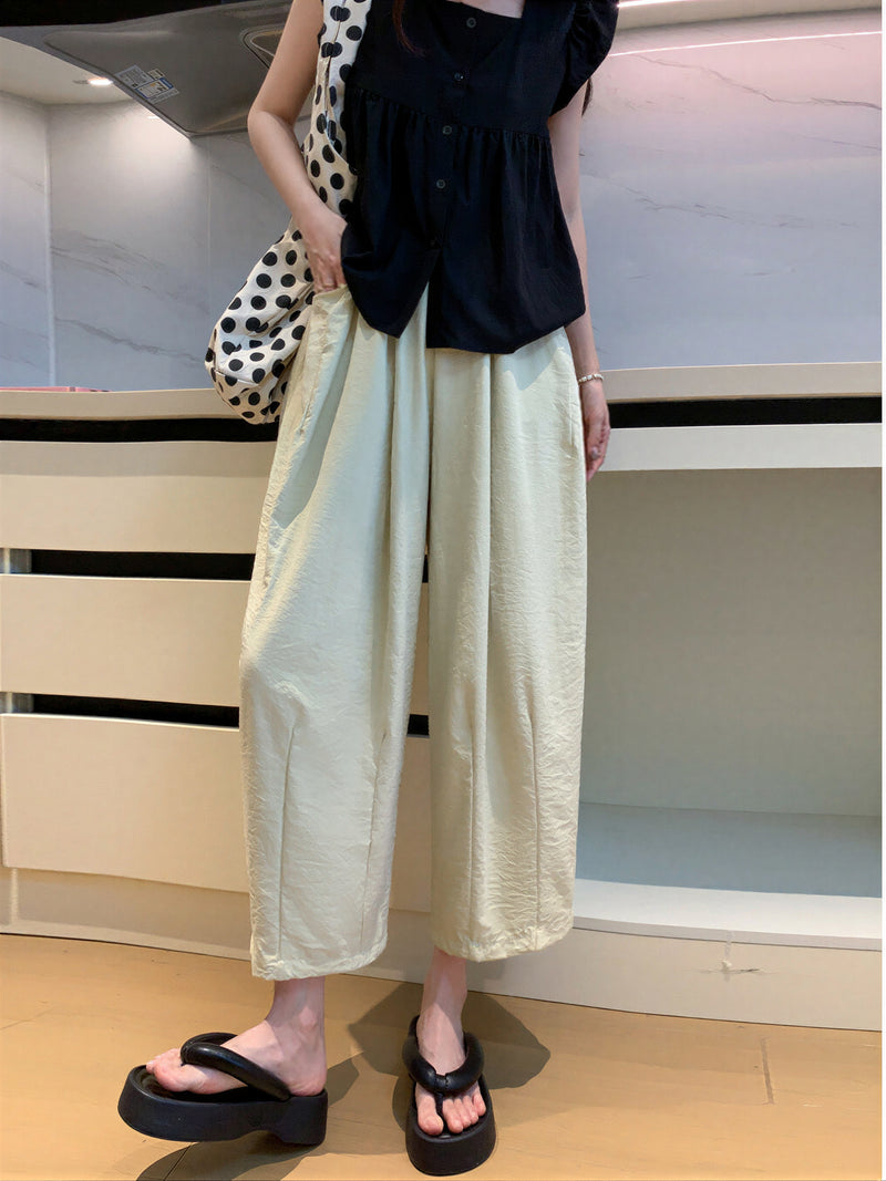 ハイウエスト ゆったりプリーツ風ワイドパンツ