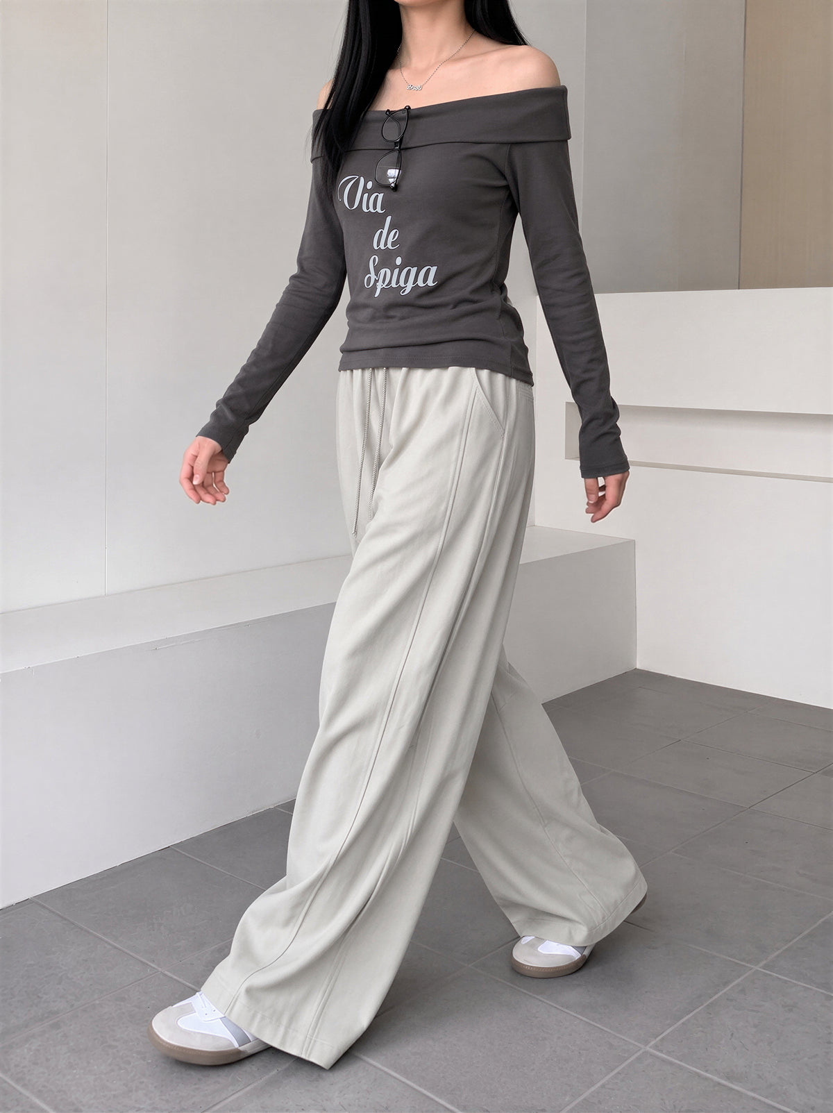 【全4色】M~XL ハイウエスト ドローストリング 裾だまりワイドパンツ