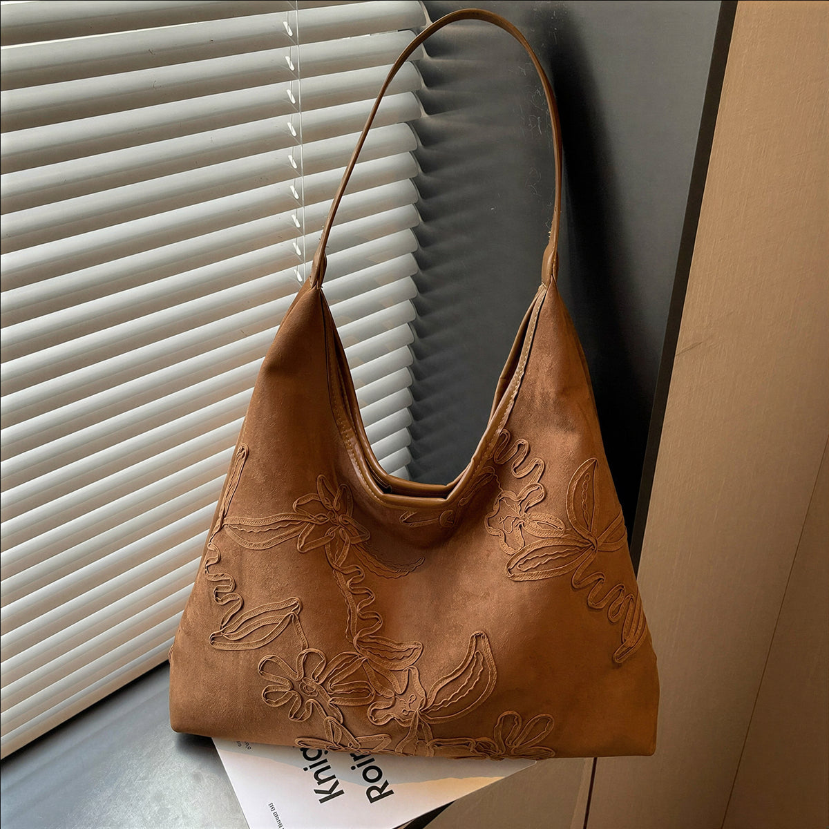 花柄刺繍 ワンショルダー アンダーアームバッグ-ブラウン-FREE