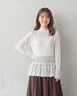 【秋新作】S~XL レース切り替え フリルネック インナー トップス
