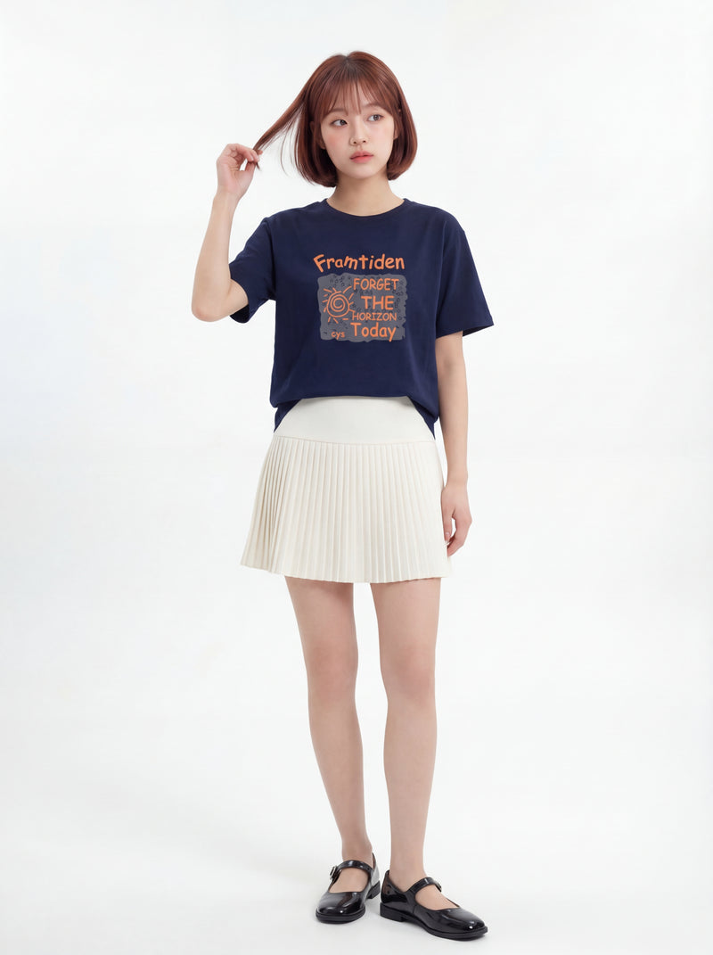 ネイビー ゆったり ドロップショルダー クルーネック プリント 半袖Tシャツ