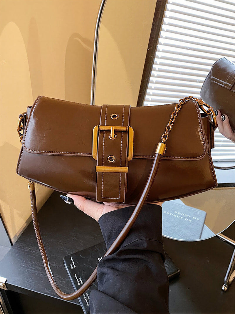 レトロ調ゴールドバックル 脇下ワンショルダー バゲットバッグ