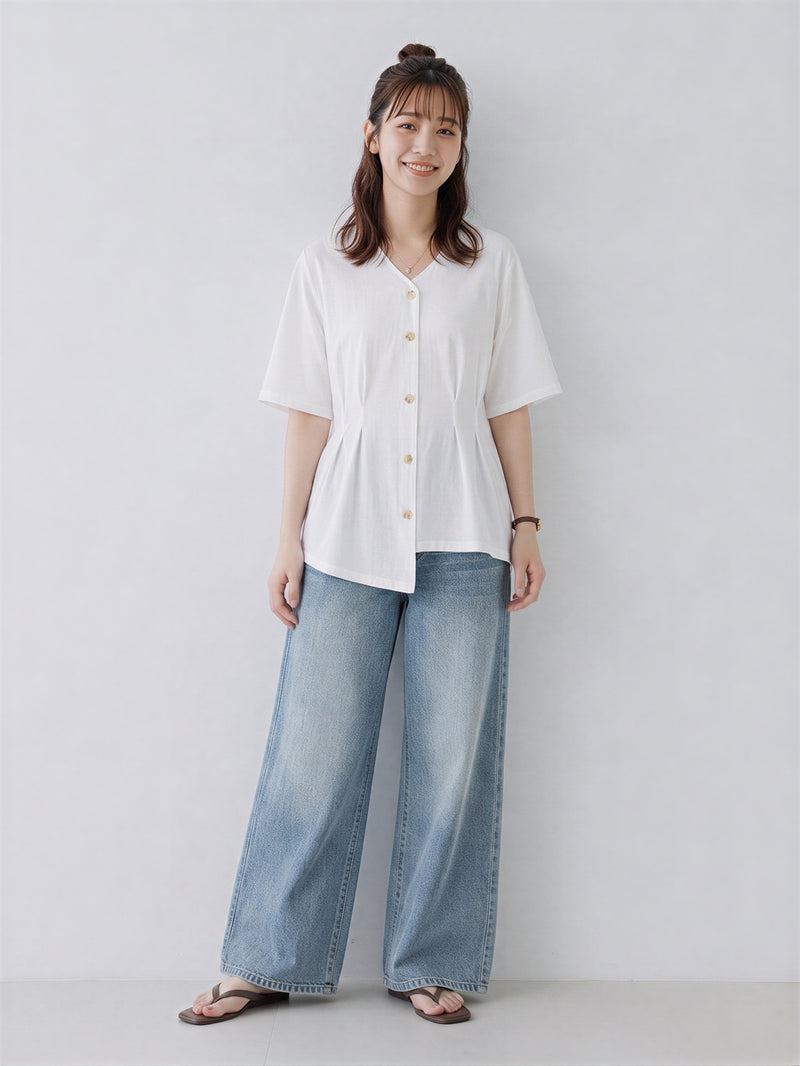 Vネック ギャザー入り ゆったりTシャツ