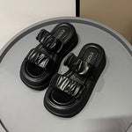 立体プリーツダブルストラップ 厚底美脚 レディース オープントゥスライドサンダル