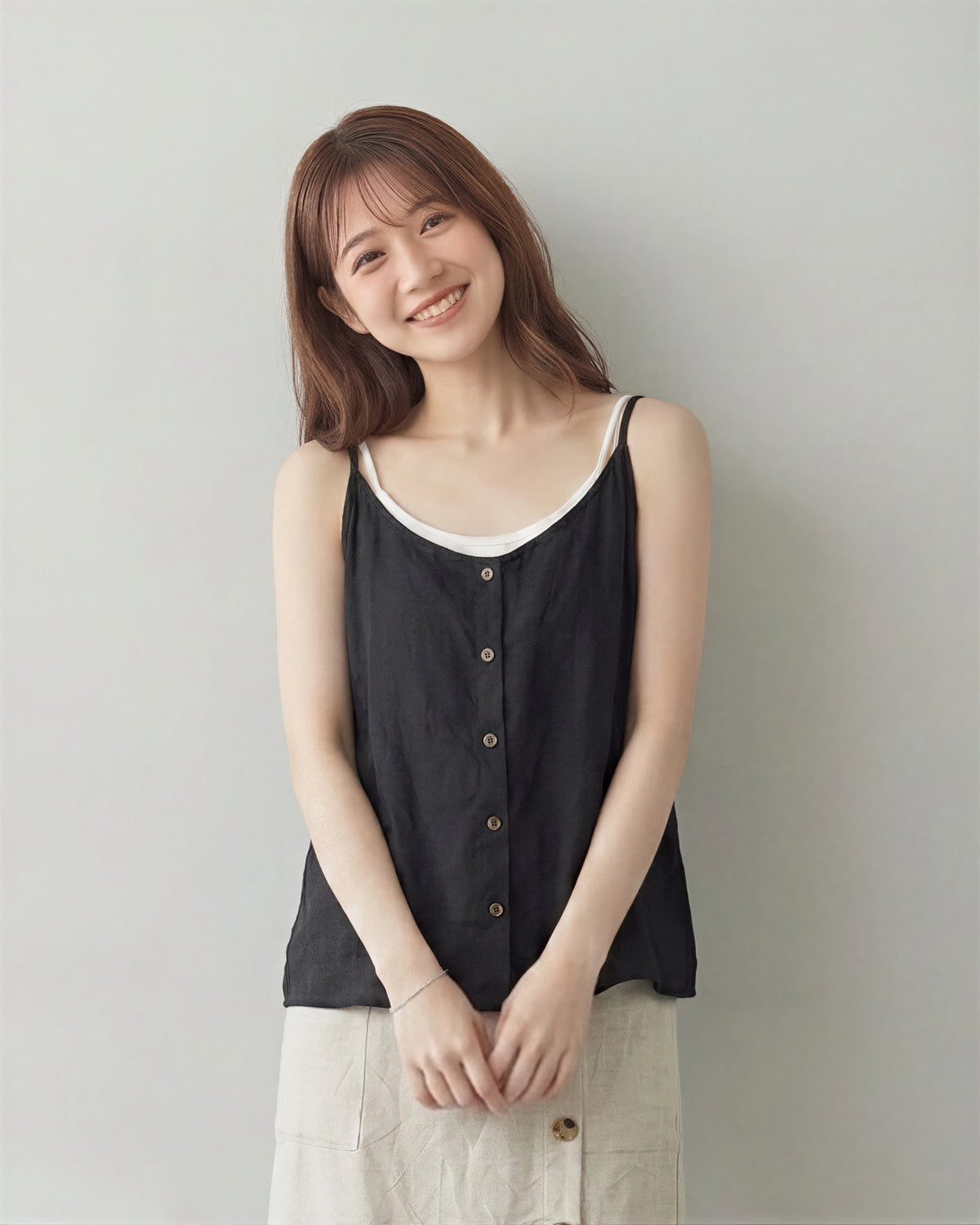 細ストラップ フロントボタン ゆったり キャミソールタンク-スミクロ-3XL