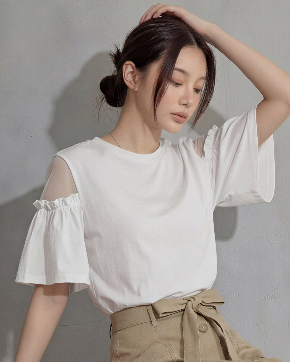 オフショルダー切替 フリルスリーブ ゆったり半袖Tシャツ