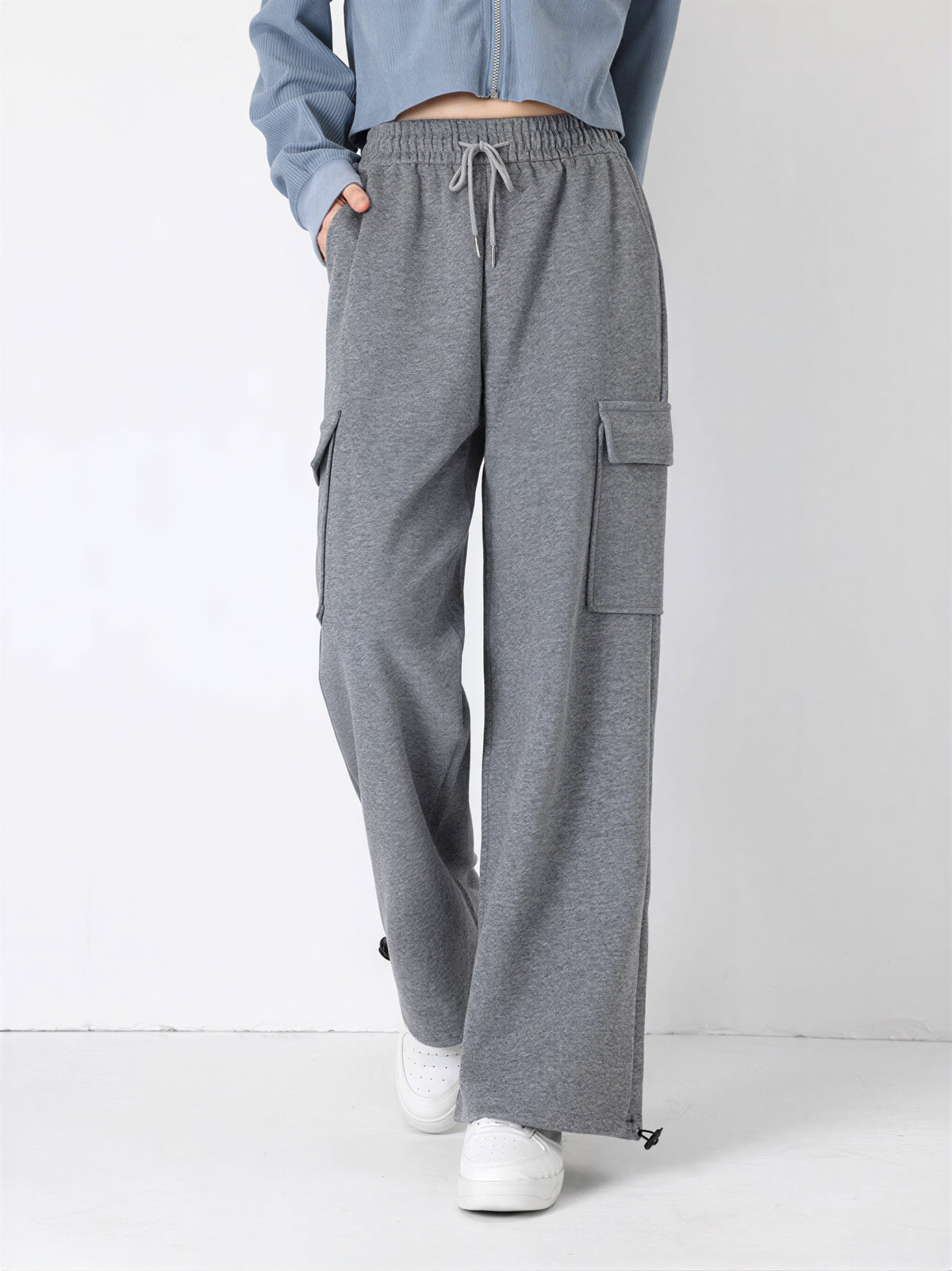ドローストリング ハイウエスト ワイドカーゴパンツ-スモークグレー A02-5XL