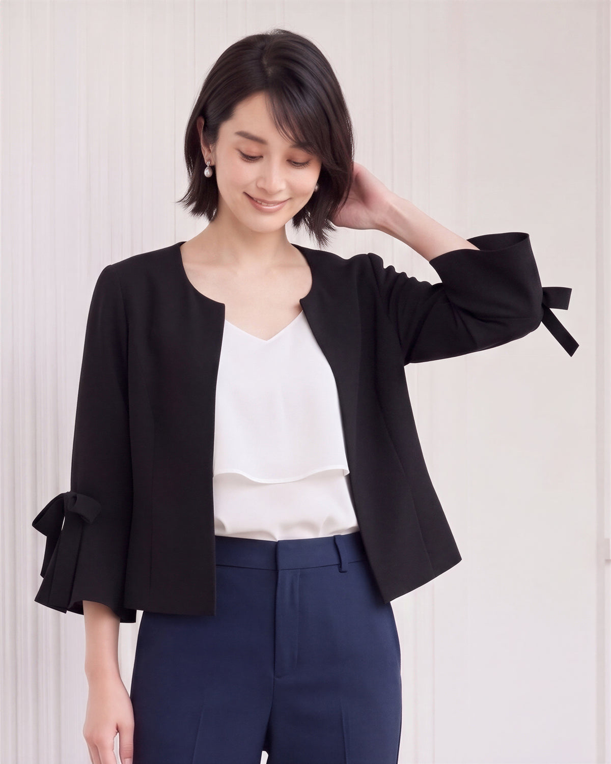 【秋新作】【全3色】S~2XL ラウンドネック フリルスリーブ リボン付き テーラードジャケット