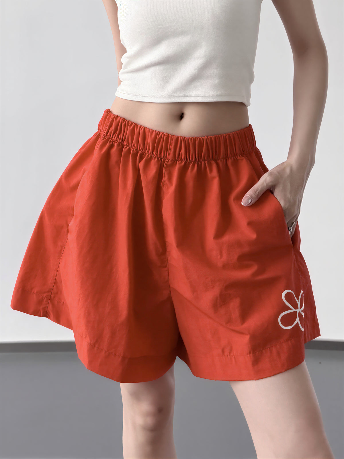 S-2XL ウエストゴム ハイウエスト 花柄プリント ワイドショートパンツ