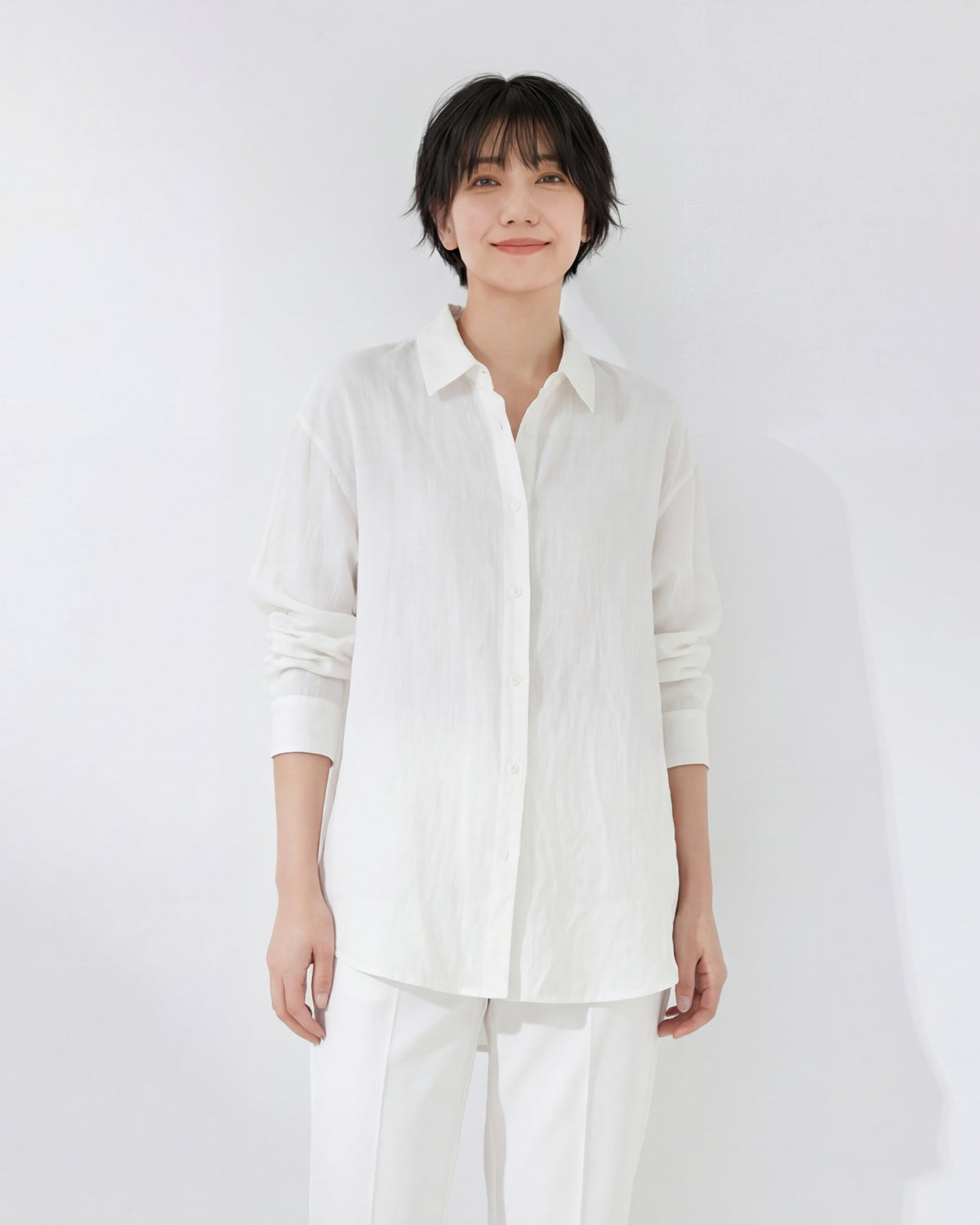 ドロップショルダー ルーズ ラウンドヘム 長袖シャツ-ピュアホワイト-2XL