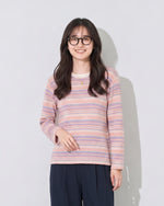 【秋新作】S~XL ライトピンク 細ボーダー クルーネック 長袖Tシャツ