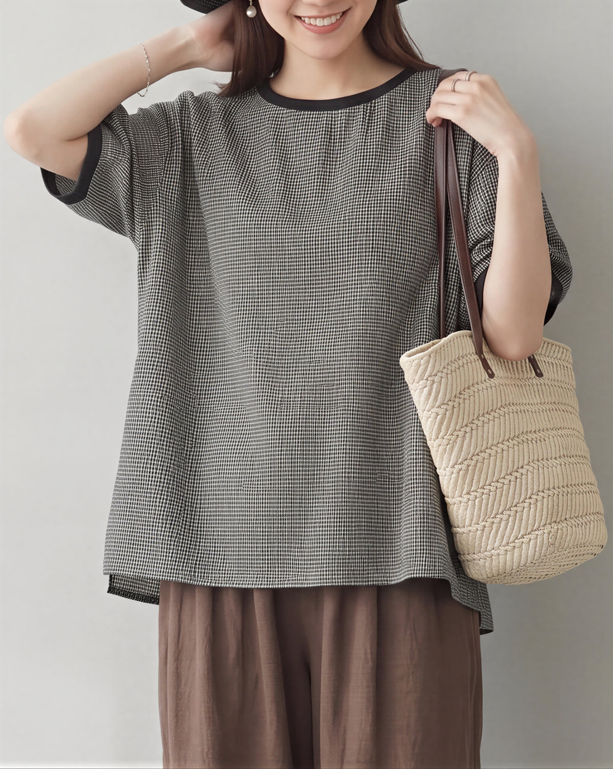 M-2XL ゆったりドロップショルダー チェックプルオーバー
