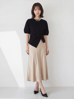 ツイストデザイン 不規則ヘム パフスリーブ 半袖Tシャツ