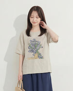 グレー クルーネック フラワープリント ゆったり 半袖Tシャツ