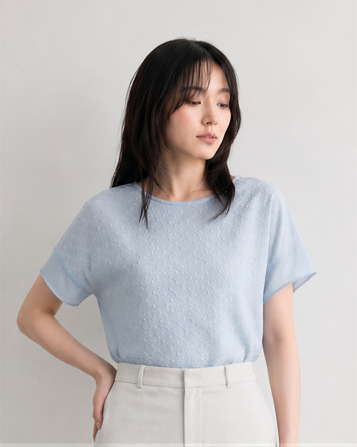 ジャカード クルーネック ゆったり シフォンブラウス