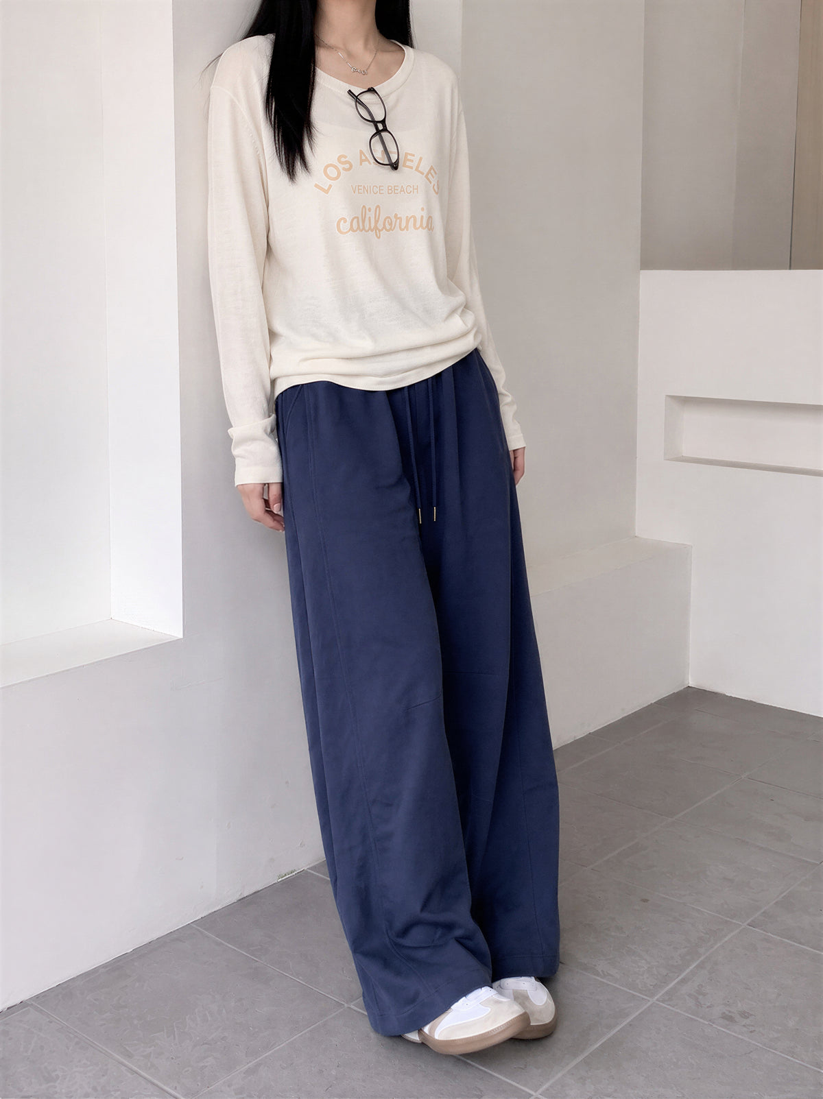 【全4色】M~XL ハイウエスト ドローストリング 裾だまりワイドパンツ