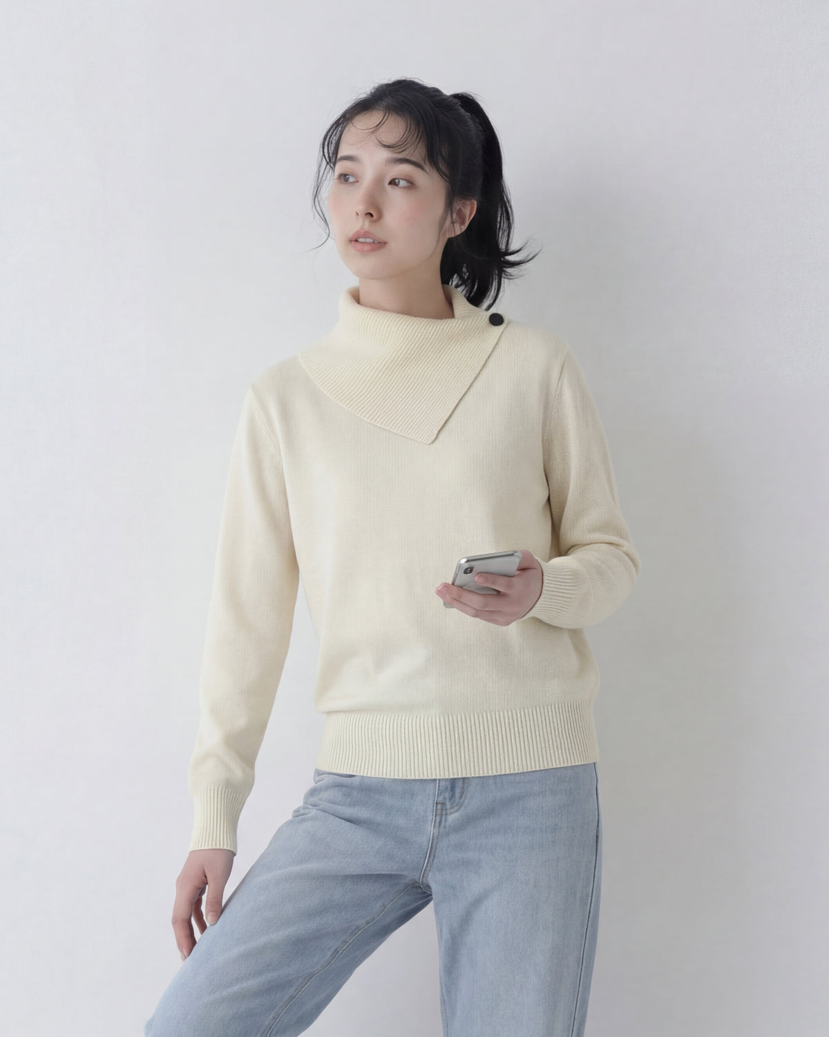 アシンメトリーラペル ワンショルダーボタン ニットトップス-ライトベージュ-2XL