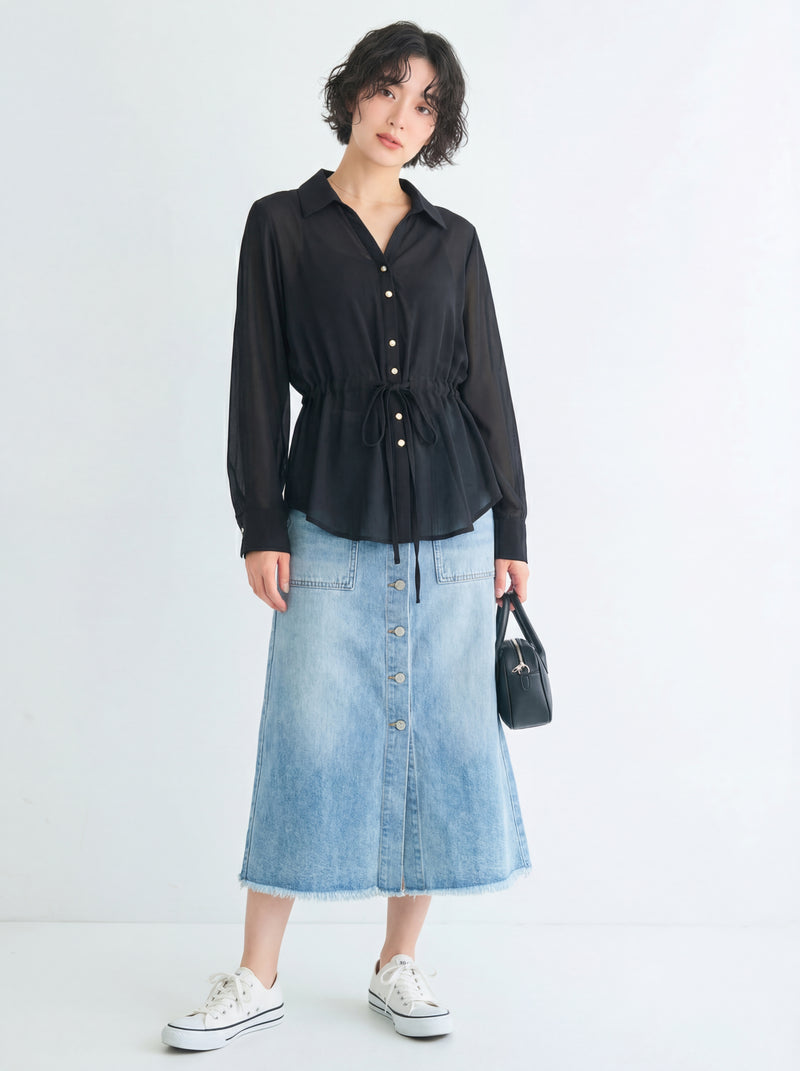 ベルト付き ウエストマーク 開襟 長袖 シフォンシャツ