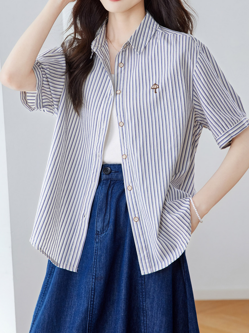 【全2色】M~2XL 細ストライプ ゆったり開襟シャツ