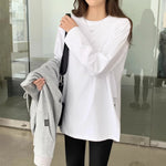 【秋新作】【全2色】S~2XL ゆったりドロップショルダー スリット入り長袖Tシャツ