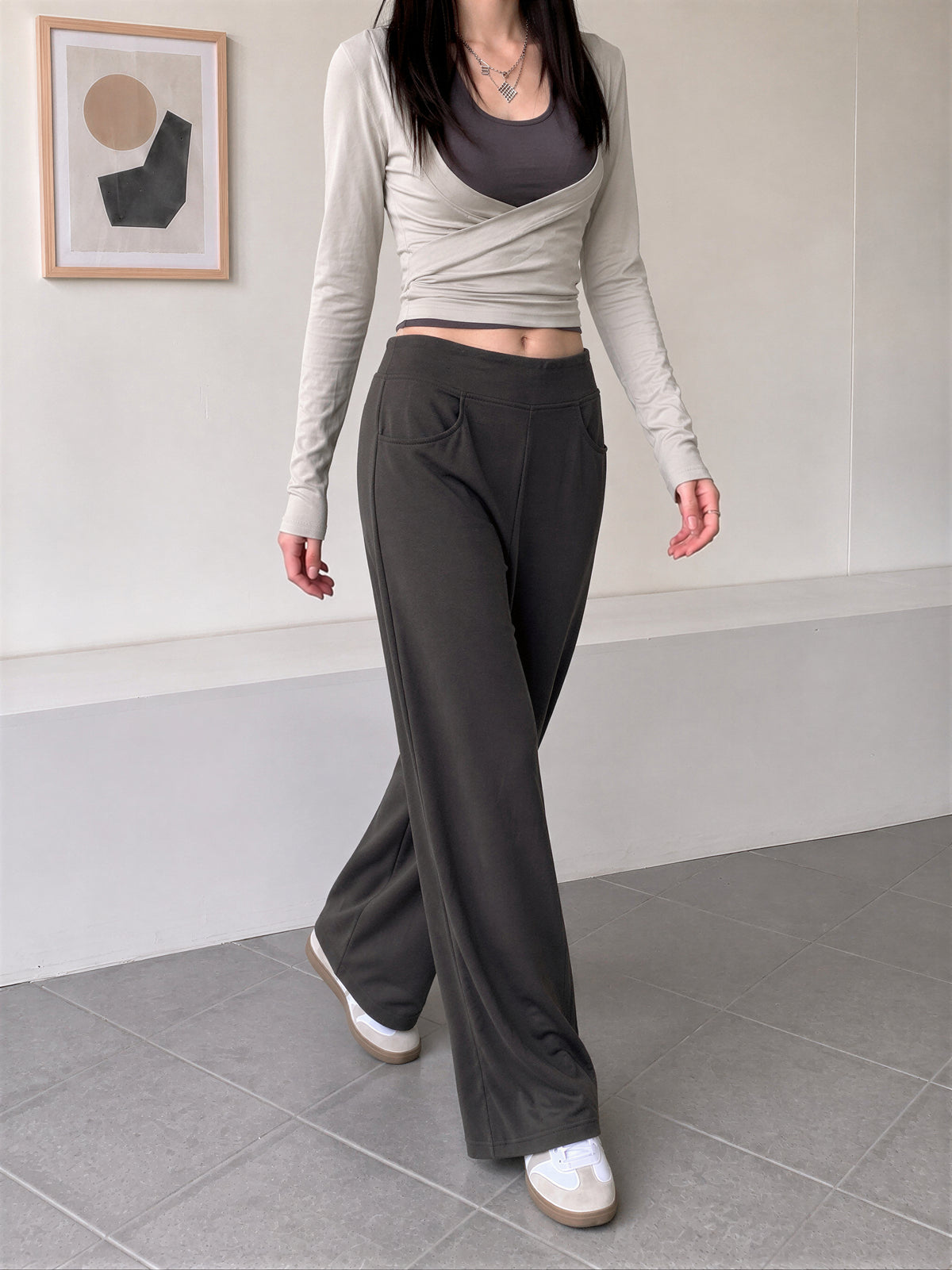 【全3色】S-XL ハイウエスト 落ち感ストレートワイドパンツ