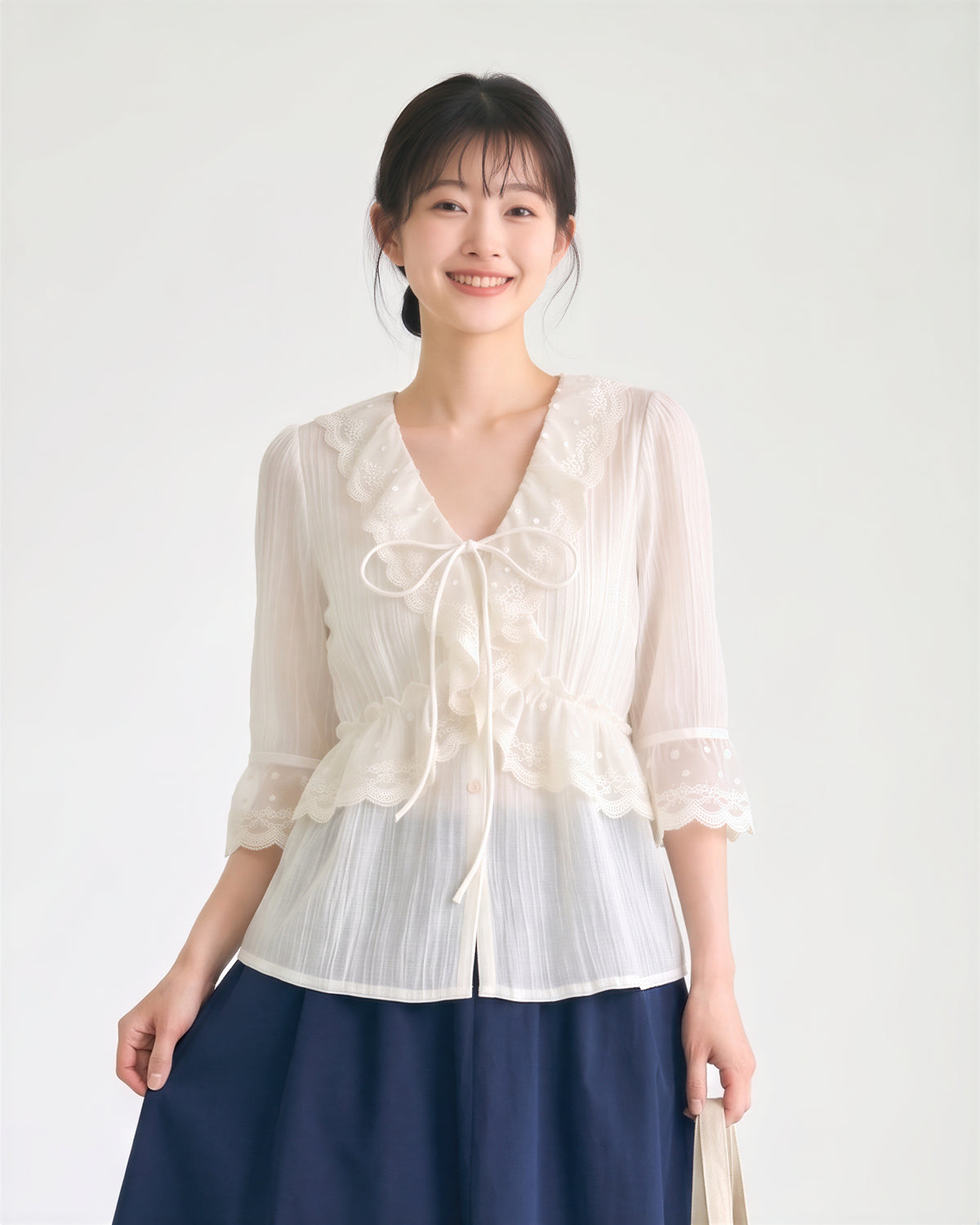 S~XL レースフリル リボンブラウス