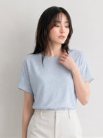 ジャカード クルーネック ゆったり シフォンブラウス-サックス-2XL