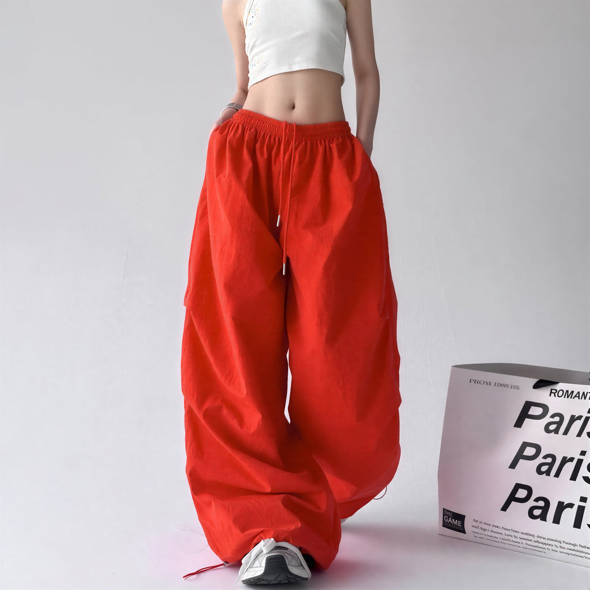 ドローストリング付きウエストゴムワイドパンツ-レッド-L