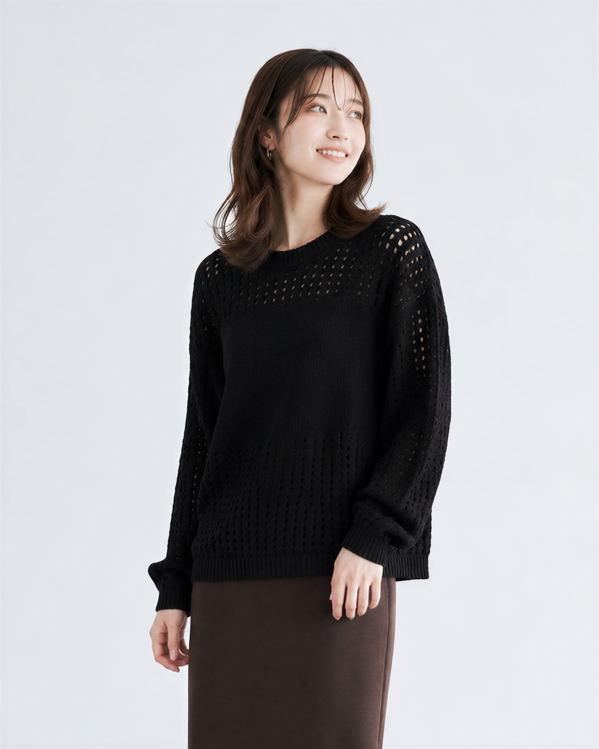 【秋新作】S~XL 透かし編み切り替えクルーネックニット