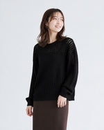 【秋新作】S~XL 透かし編み切り替えクルーネックニット