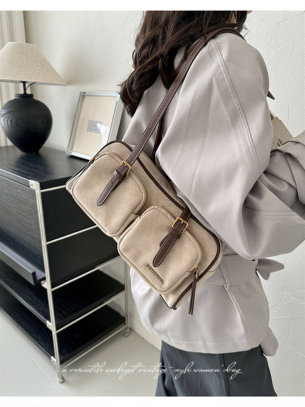 ダブルフロントポケット 配色ショルダーストラップ ボストンバッグ