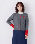 配色リブ ハート刺繍 ニットカーディガン-レッド-2XL