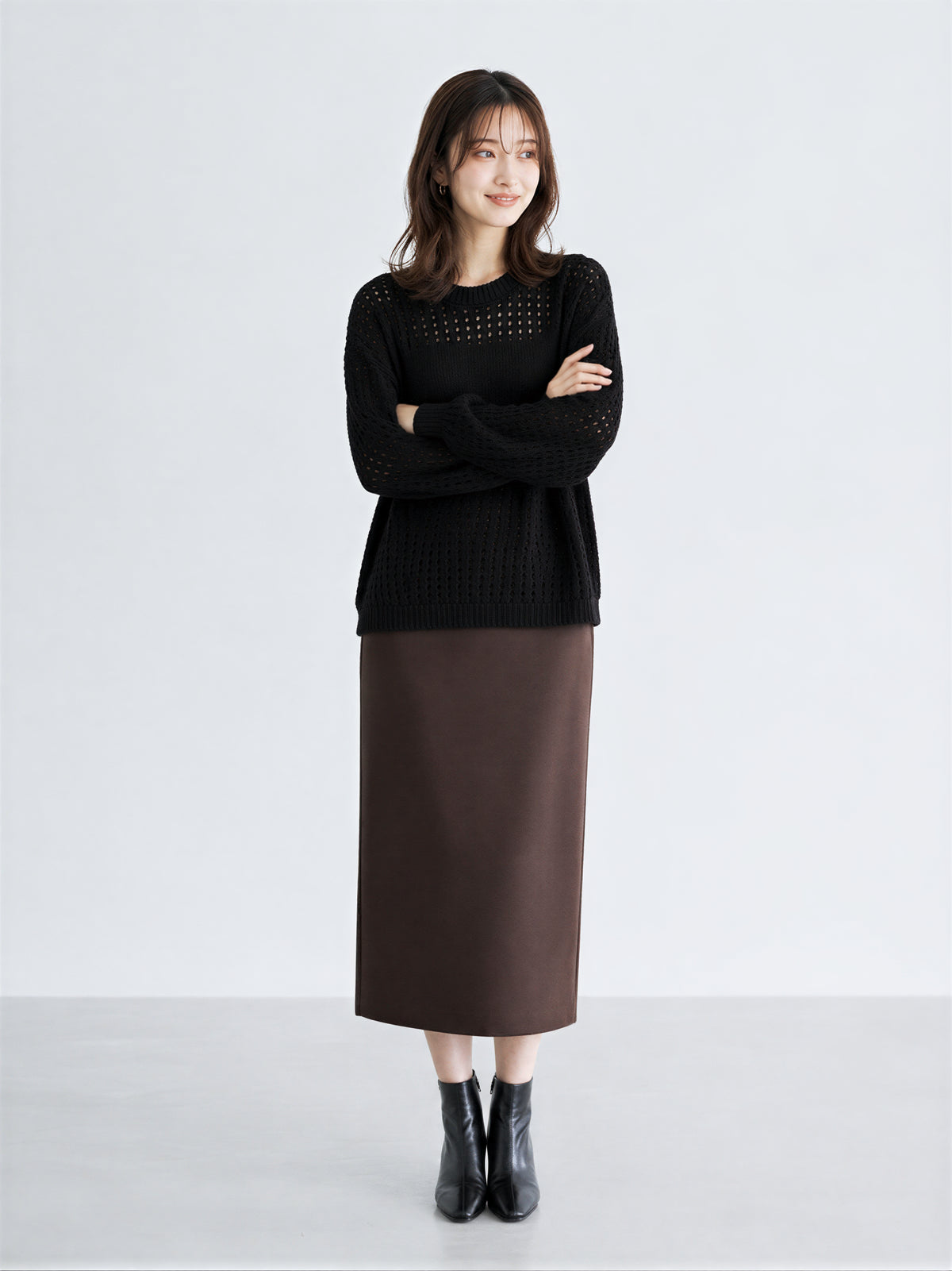 【秋新作】S~XL 透かし編み切り替えクルーネックニット