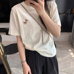 シンプル クルーネック ポニー刺繍Tシャツ