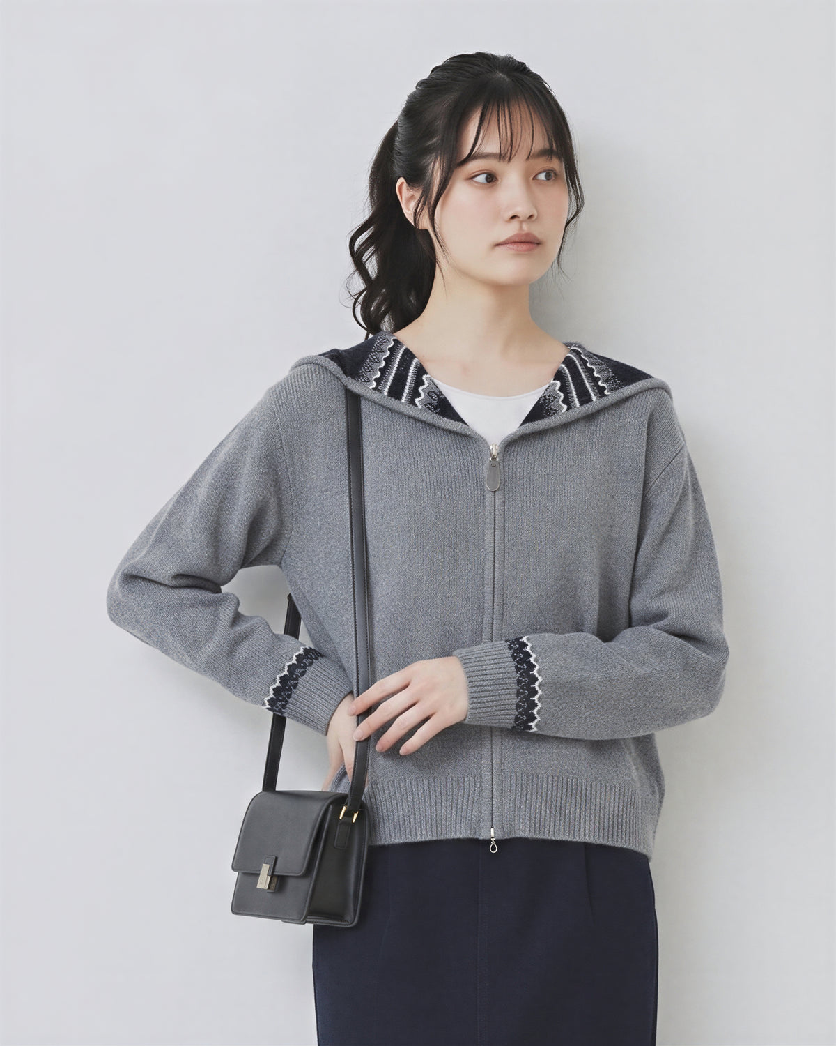 【秋新作】S~2XL フード付きジャカード ダブルジップ カーディガンニット