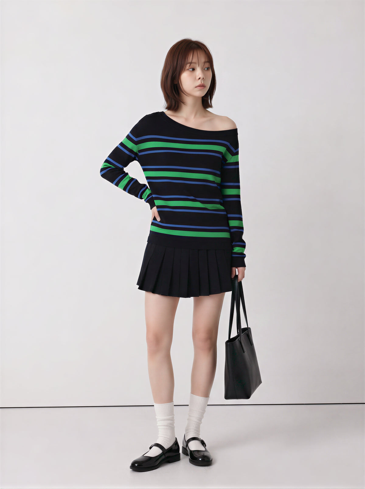 S~XL オフショルダーボーダースリムTシャツ
