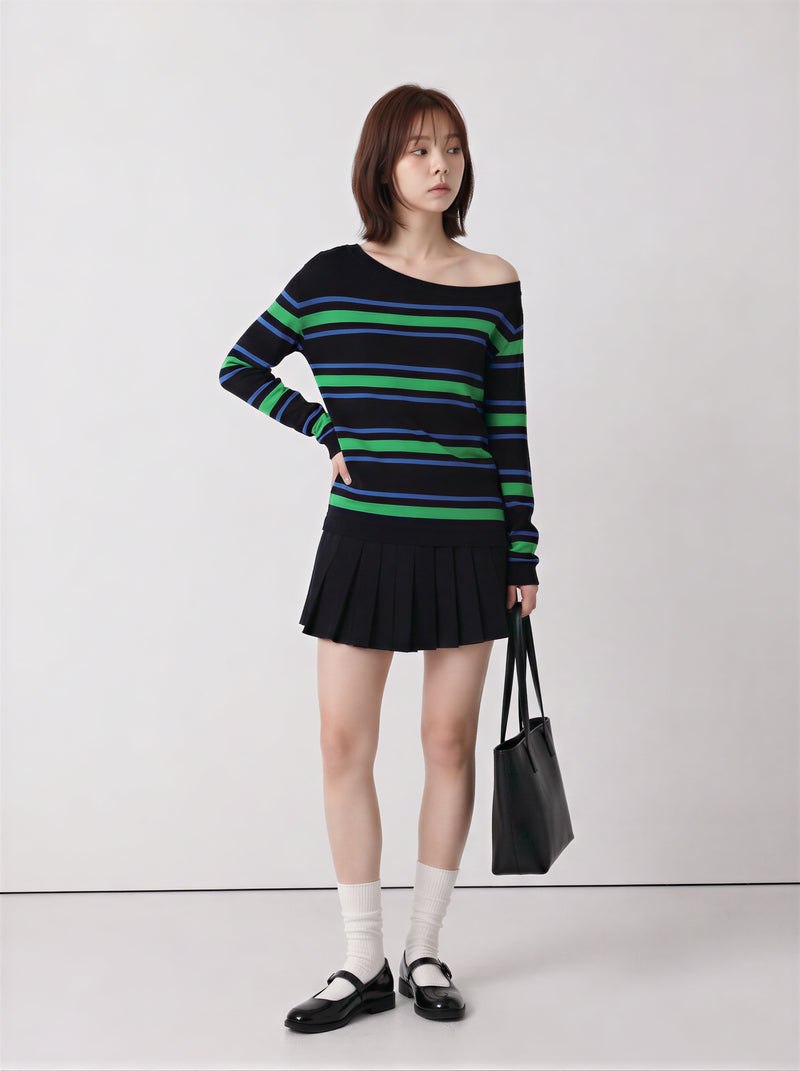S~XL オフショルダーボーダースリムTシャツ